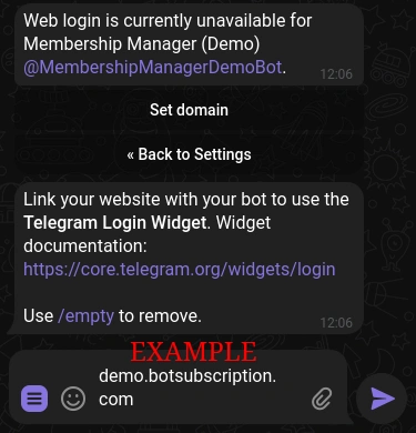 Setting a custom domain in Telegram's @BotFather for TGmembership bot.