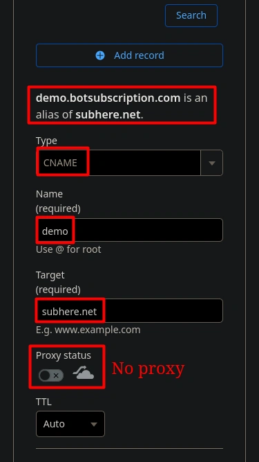 Creating a CNAME record for TGmembership custom domain setup.